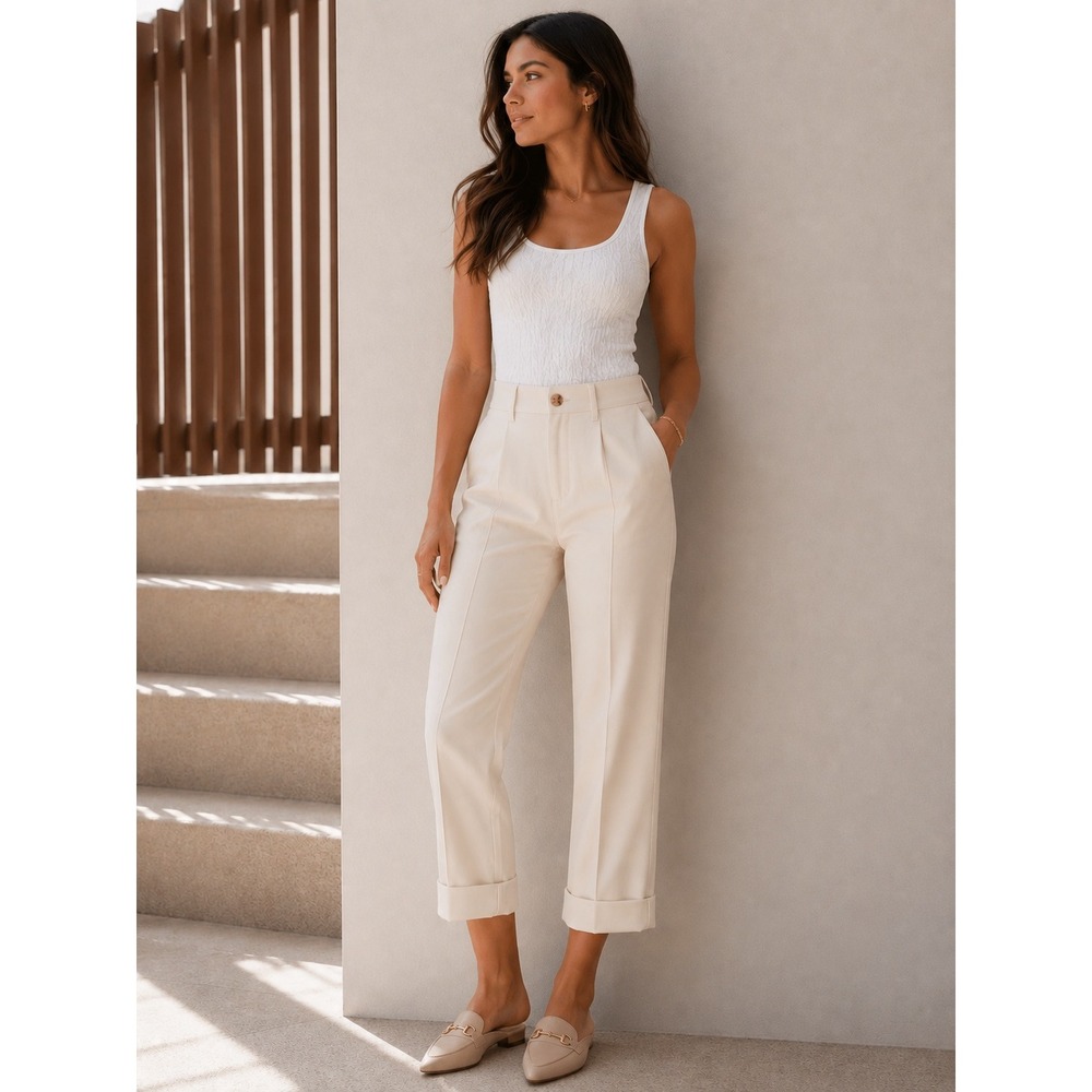 A New Day Slim Ankle Pants Womens 6 Cream Cuffed Pintuck High Rise Trousers